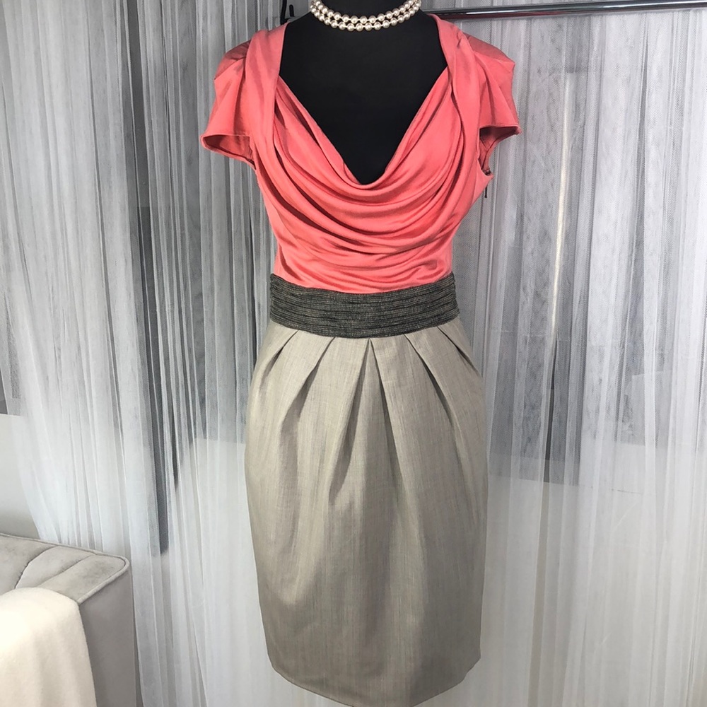 Elegant Coral and Gray Midi Dress